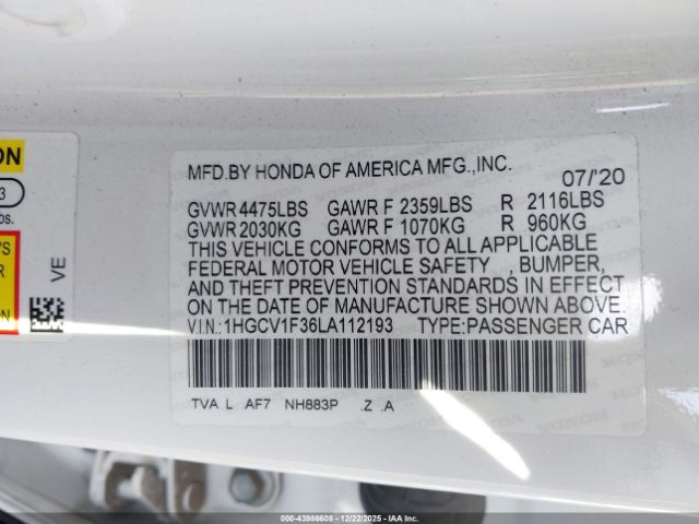 2020 HONDA ACCORD 1HGCV1F36LA112193 Photo 8