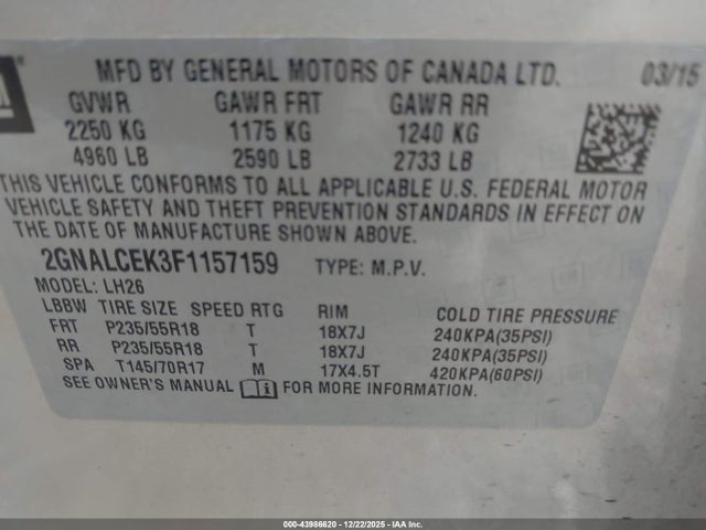 2015 Chevrolet Equinox 2lt მანქანა იყიდება აუქციონზე, vin: 2GNALCEK3F1157159, აუქციონის ნომერი: 43986620