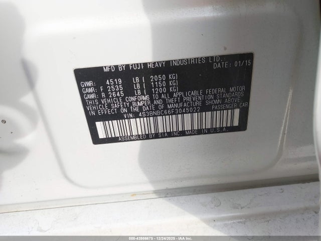 Subaru Legacy 2.5i Premium 2015 4S3BNBC66F3045022 Image 9