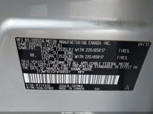 Toyota Rav4 Xle 2015 2T3WFREV2FW189501 Image 9