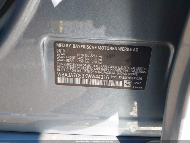 2019 BMW 530I WBAJA7C53KWW44316 Photo 8