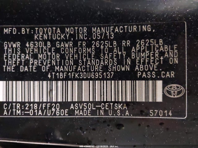 Aukcja sprzedaży 2013 Toyota Camry Se, vin: 4T1BF1FK3DU695137, numer aukcji: 43986702