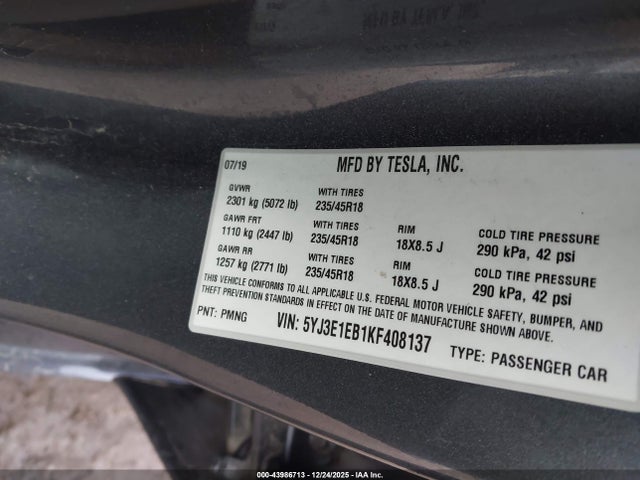2019 TESLA MODEL 3 5YJ3E1EB1KF408137 Photo 8