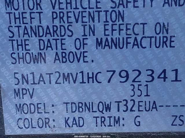 5N1AT2MV1HC792341 Nissan ROGUE SV