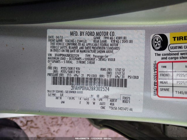 2011 FORD FUSION 3FAHP0HA2BR302524 Photo 8