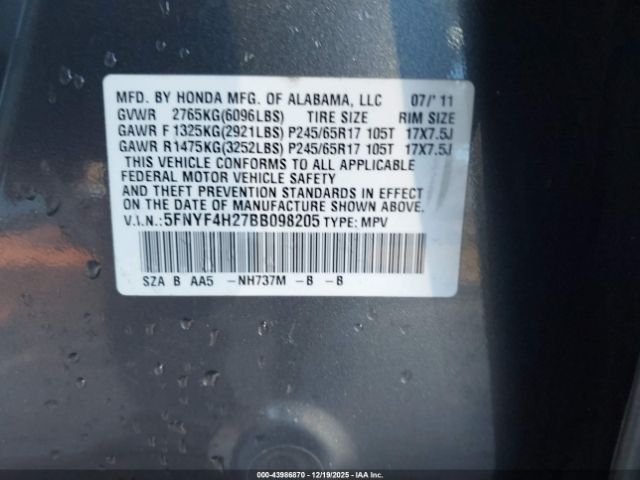 2011 HONDA PILOT 5FNYF4H27BB098205 Photo 8