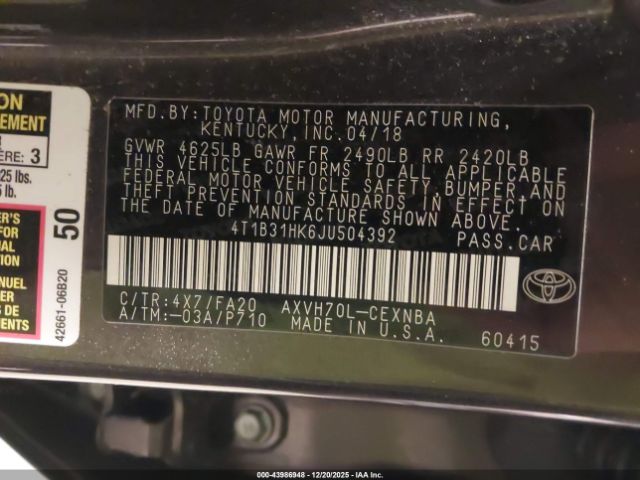 2018 TOYOTA CAMRY HYBRID 4T1B31HK6JU504392 Photo 8