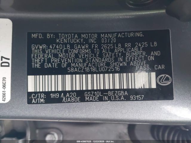 2020 LEXUS ES 350 58ACZ1B18LU072516 Photo 8