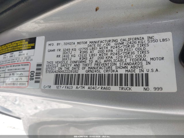 Продаж на аукціоні авто 2006 Toyota Tacoma Base V6, vin: 5TEUU42NX6Z228182, номер лоту: 43987036