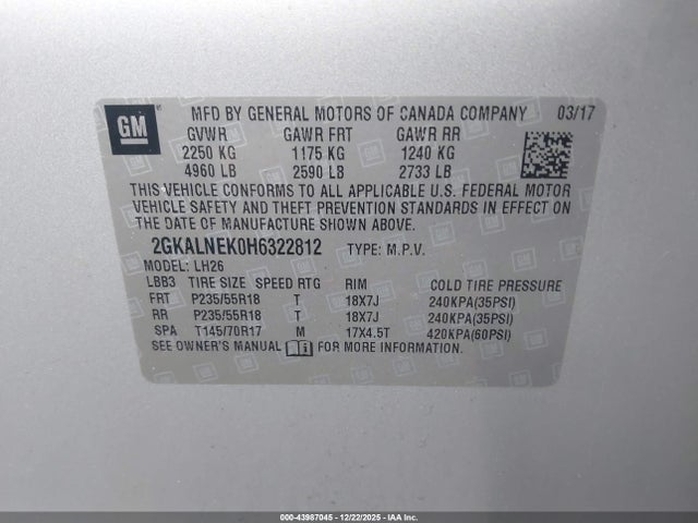 2017 Gmc Terrain Sle-2 მანქანა იყიდება აუქციონზე, vin: 2GKALNEK0H6322812, აუქციონის ნომერი: 43987045