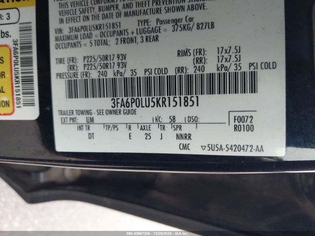 2019 FORD FUSION HYBRID 3FA6P0LU5KR151851 Photo 8