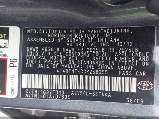 2012 TOYOTA CAMRY 4T4BF1FK3CR258355 Photo 8