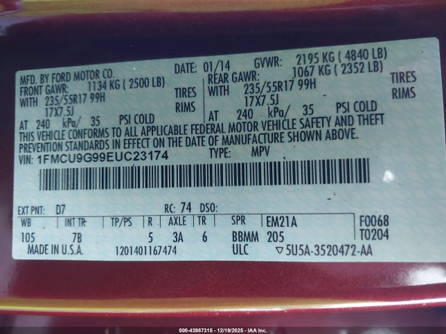 1FMCU9G99EUC23174 Ford ESCAPE SE