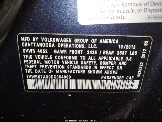 Продаж на аукціоні авто 2013 Volkswagen Passat 2.0l Tdi Se, vin: 1VWBN7A39DC054099, номер лоту: 43987351