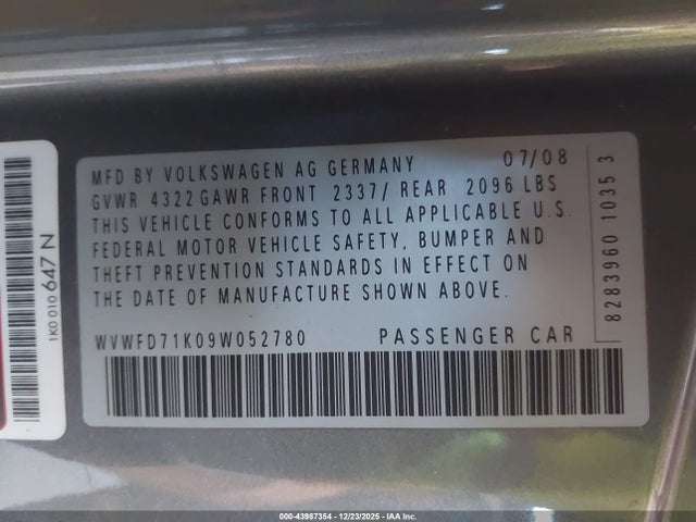 43987354 :رقم المزاد ، WVWFD71K09W052780 vin ، 2009 Volkswagen Gti 2-door مزاد بيع