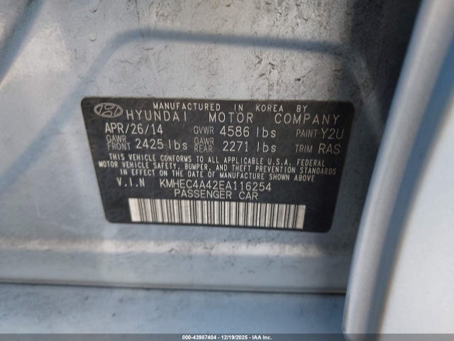 Aukcja sprzedaży 2014 Hyundai Sonata Hybrid Limited, vin: KMHEC4A42EA116254, numer aukcji: 43987404