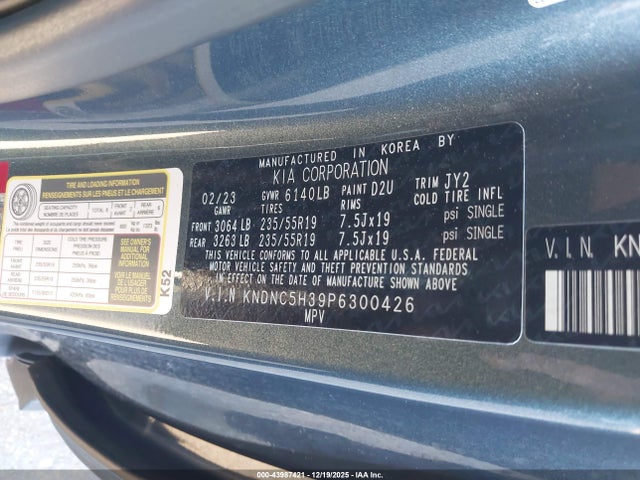 Aukcja sprzedaży 2023 Kia Carnival Mpv Ex, vin: KNDNC5H39P6300426, numer aukcji: 43987421