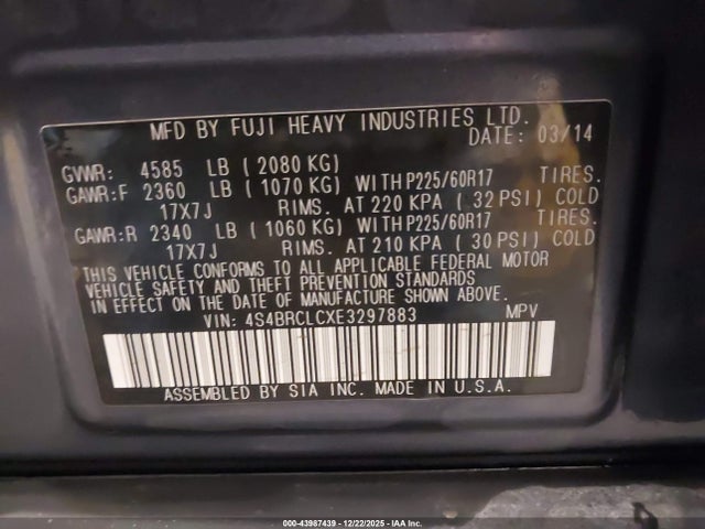 Subaru Outback 2.5i Limited 2014 4S4BRCLCXE3297883 Image 9