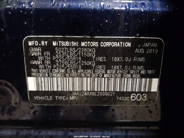43987459 :رقم المزاد ، JA4JZ4AX8LZ009021 vin ، 2020 Mitsubishi Outlander Gt 3.0 S-awc مزاد بيع