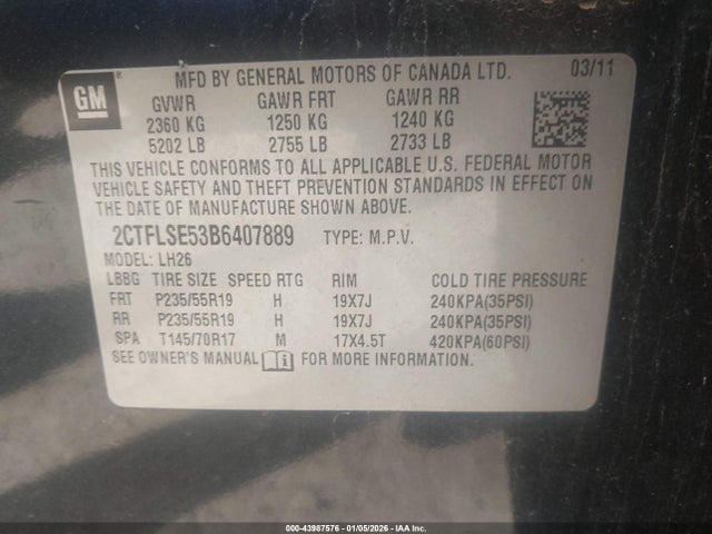 Aukcja sprzedaży 2011 Gmc Terrain Sle-2, vin: 2CTFLSE53B6407889, numer aukcji: 43987576