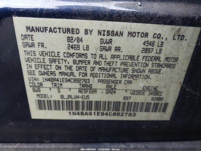 Продажа на аукционе авто 2004 Nissan Maxima 3.5 Se, vin: 1N4BA41E94C892783, номер лота: 43987630
