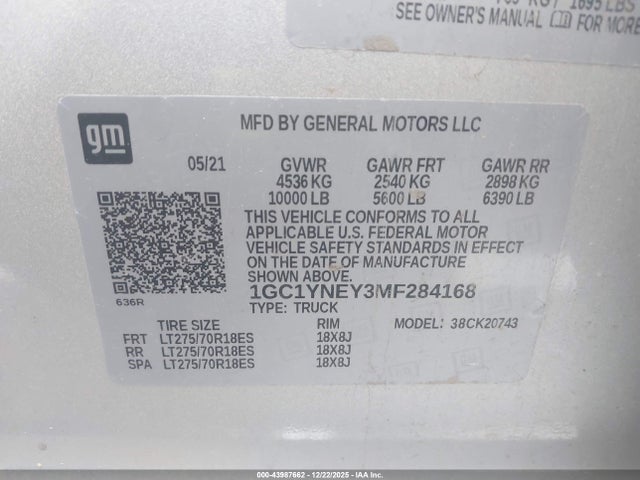1GC1YNEY3MF284168 Chevrolet Silverado 2500hd 4wd Standard Bed Lt