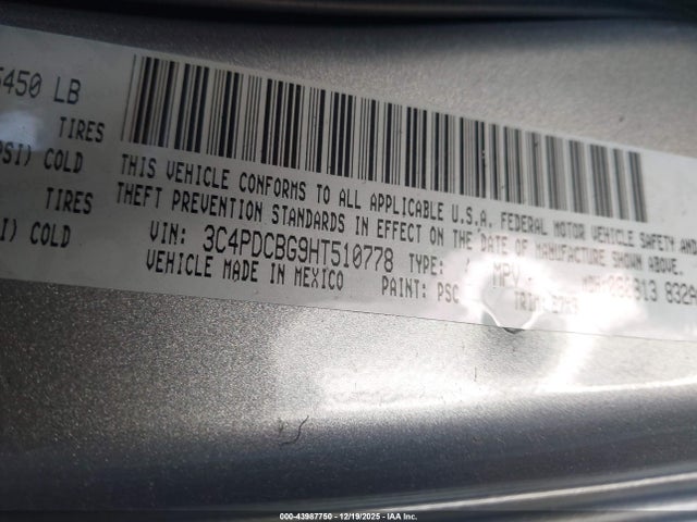 43987750 :رقم المزاد ، 3C4PDCBG9HT510778 vin ، 2017 Dodge Journey Sxt مزاد بيع