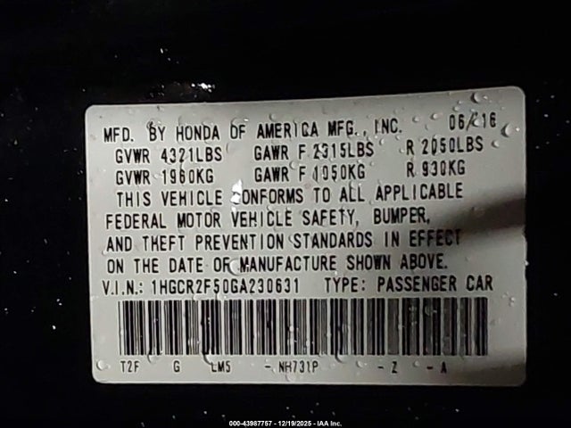 1HGCR2F50GA230631 Honda Accord Sport