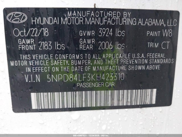 5NPD84LF3KH423310 Hyundai Elantra Value Edition