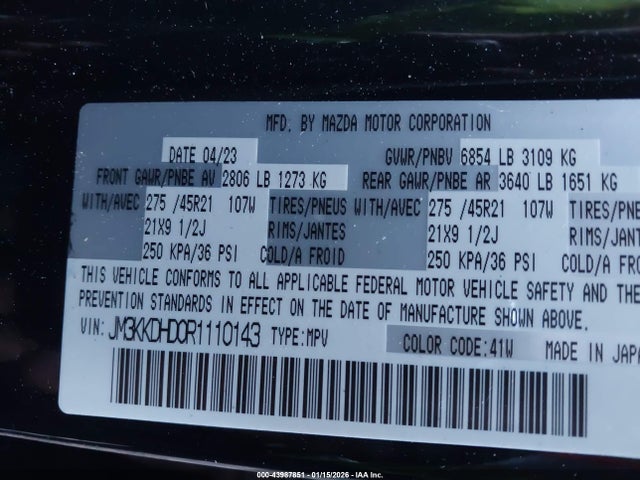 43987851 :رقم المزاد ، JM3KKDHD0R1110143 vin ، 2024 Mazda Cx-90 3.3 Turbo Premium مزاد بيع
