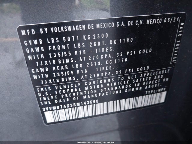 2024 Volkswagen Tiguan 2.0t Se/2.0t Wolfsburg Edition მანქანა იყიდება აუქციონზე, vin: 3VVMB7AX3RM143598, აუქციონის ნომერი: 43987861