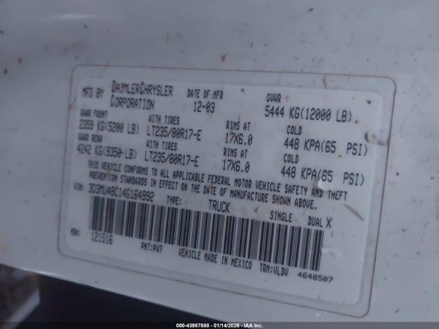 Aukcja sprzedaży 2004 Dodge Ram 3500 Slt/laramie, vin: 3D3MU48C14G164992, numer aukcji: 43987888
