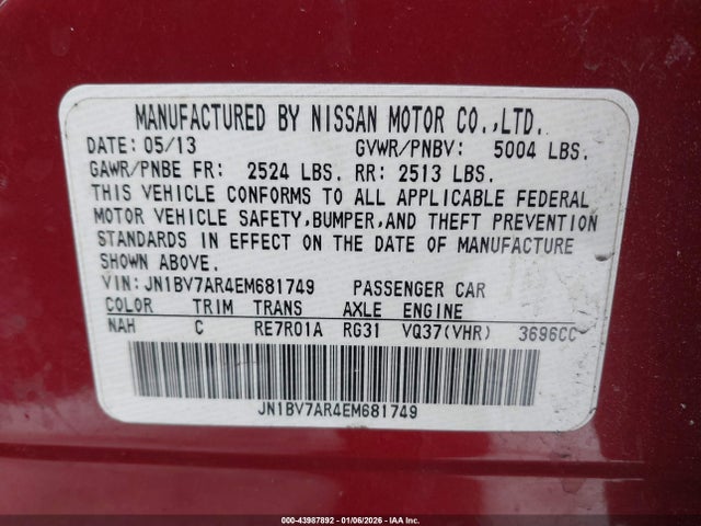 Aukcja sprzedaży 2014 Infiniti Q50 Premium, vin: JN1BV7AR4EM681749, numer aukcji: 43987892