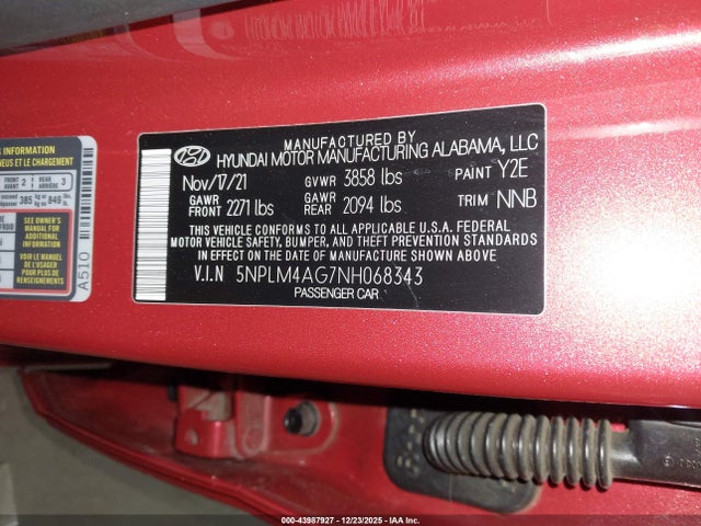 5NPLM4AG7NH068343 Hyundai ELANTRA SEL