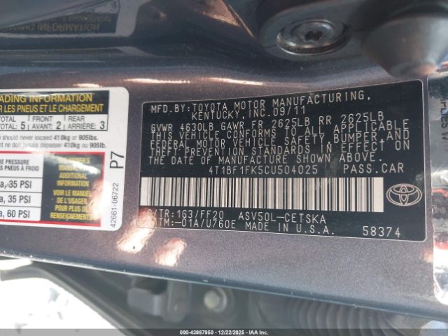 2012 TOYOTA CAMRY 4T1BF1FK5CU504025 Photo 8