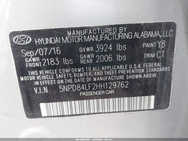 Aukcja sprzedaży 2017 Hyundai Elantra Limited, vin: 5NPD84LF2HH129762, numer aukcji: 43987955