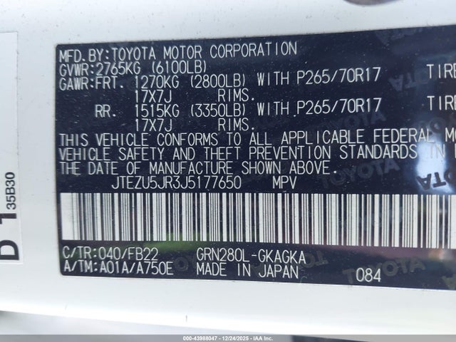43988047 :رقم المزاد ، JTEZU5JR3J5177650 vin ، 2018 Toyota 4runner Sr5 مزاد بيع