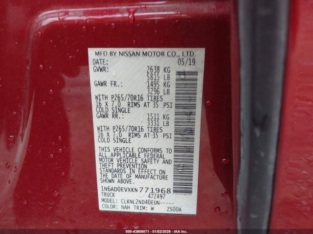 1N6AD0EVXKN771968 Nissan Frontier Sv