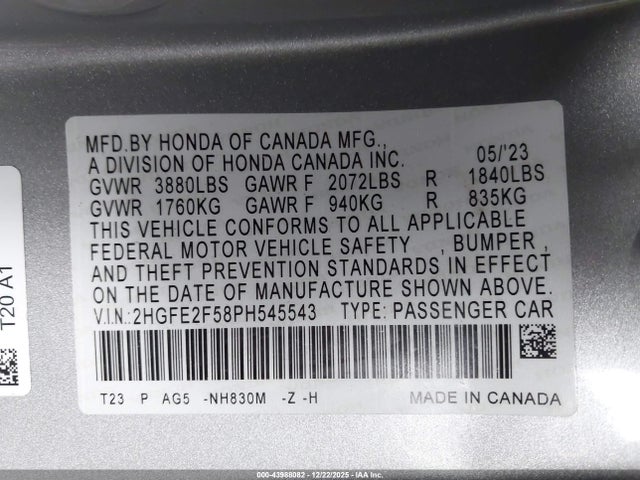 Продаж на аукціоні авто 2023 Honda Civic Sport, vin: 2HGFE2F58PH545543, номер лоту: 43988082