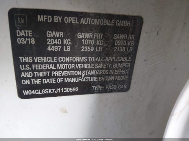 2018 Buick Regal Sportback Preferred მანქანა იყიდება აუქციონზე, vin: W04GL6SX7J1130592, აუქციონის ნომერი: 43988089