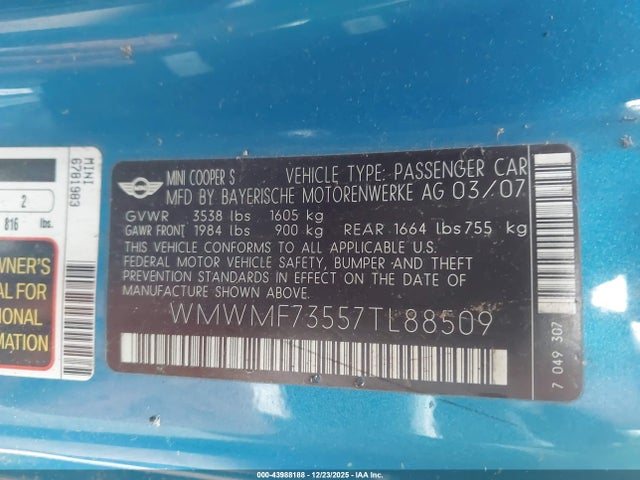 2007 MINI COOPER S WMWMF73557TL88509 Photo 8