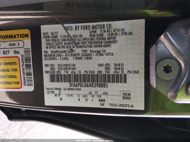 43988194 :رقم المزاد ، 3FA6P0LU6HR398885 vin ، 2017 Ford Fusion Hybrid Se مزاد بيع