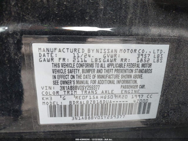 3N1AB8BV0SY259377 Nissan SENTRA S