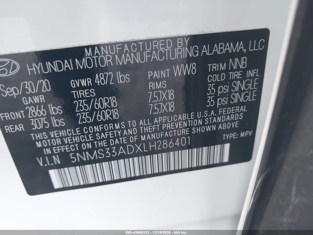 5NMS33ADXLH286401 Hyundai Santa Fe Sel