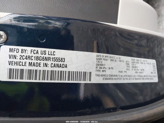 Aukcja sprzedaży 2022 Chrysler Pacifica Touring L, vin: 2C4RC1BG6NR155583, numer aukcji: 43988369