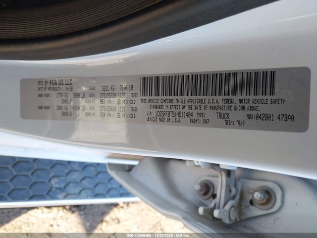 Aukcja sprzedaży 2019 Ram 1500 Big Horn/lone Star  4x4 6'4 Box, vin: 1C6SRFBT5KN511404, numer aukcji: 43988463