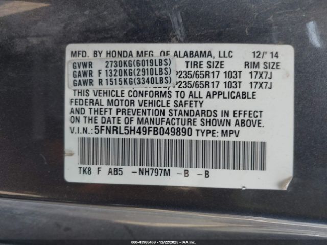 2015 HONDA ODYSSEY 5FNRL5H49FB049890 Photo 8