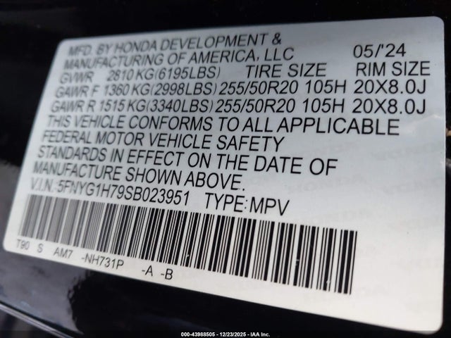 43988505 :رقم المزاد ، 5FNYG1H79SB023951 vin ، 2025 Honda Pilot Touring مزاد بيع