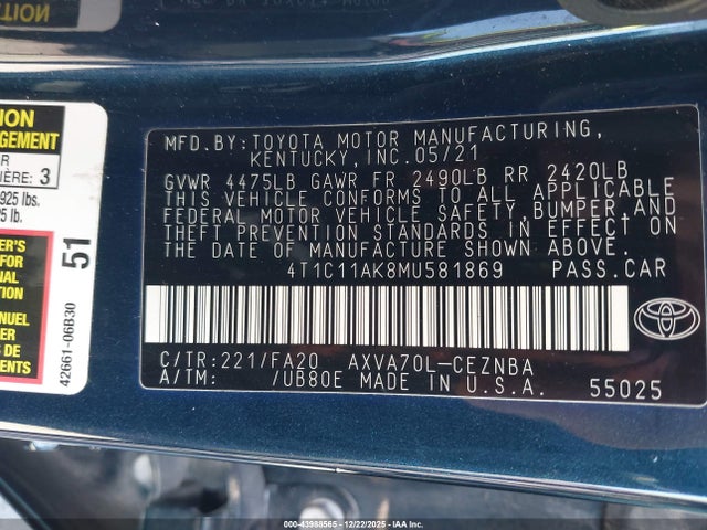 Aukcja sprzedaży 2021 Toyota Camry Le, vin: 4T1C11AK8MU581869, numer aukcji: 43988565