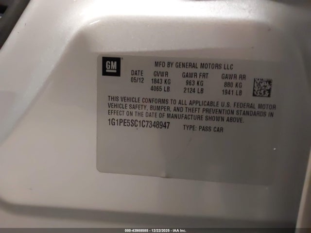 2012 CHEVROLET CRUZE 1G1PE5SC1C7348947 Photo 8